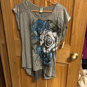 Gray and Blue Floral Women's Top